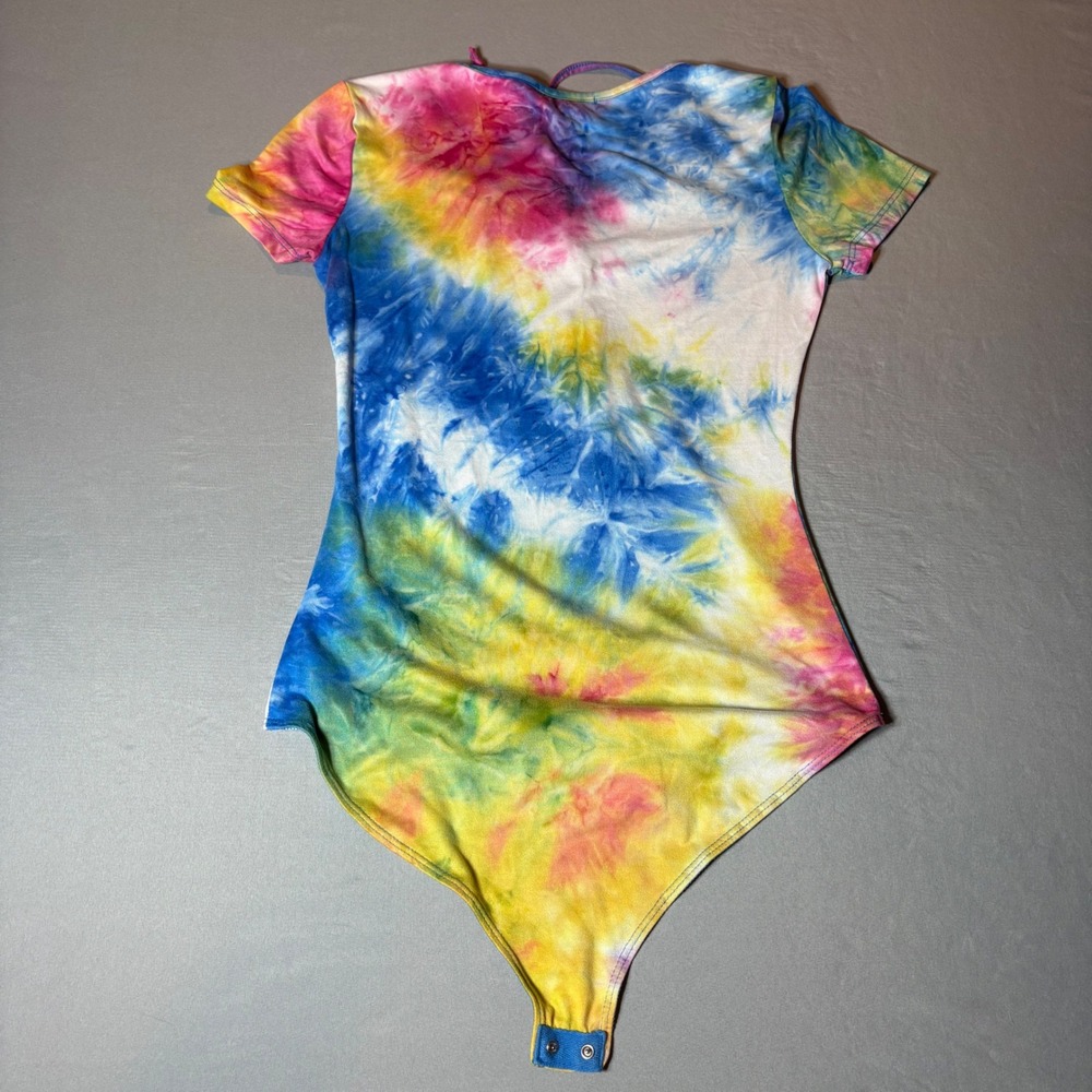 LA Gypsy Womens Tie Dye Lace Up Front Bodysuit Blue Yellow Pink Size Medium - Picture 4 of 7